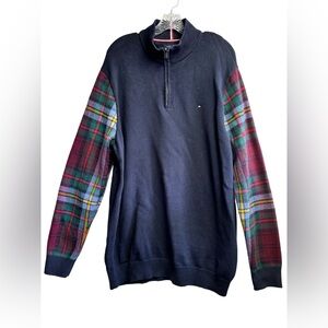 Tommy Hilfiger Quarter Zip Navy Blue Plaid‎ Print Cotton Sweater- Mens Size XXL